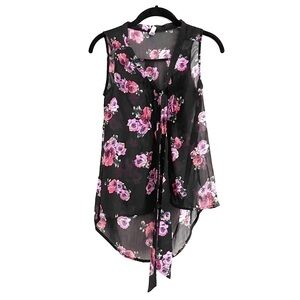 Xhilaration Tank Top S Semi Sheer Floral Front Tie Bow Pink Black Summer Girly